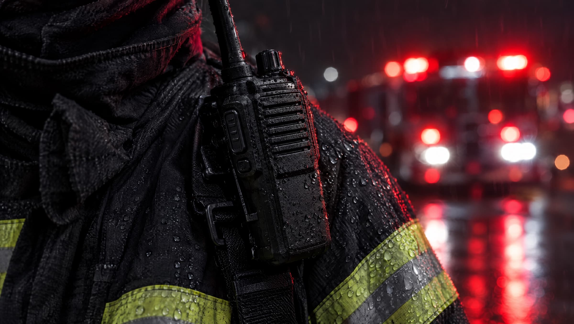 A radio on a firefighter's shoulder, an engine's lights behind